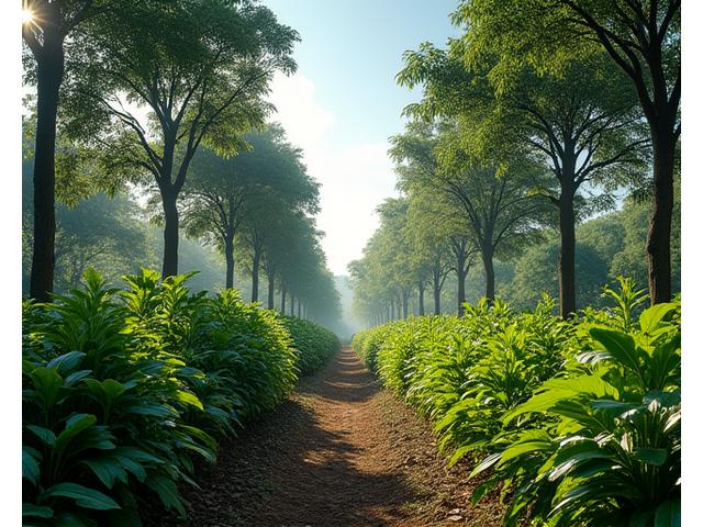 Sistemas Agroflorestais (SAFs), com linhas de árvores e culturas intercaladas, exemplificando a integração produtiva.