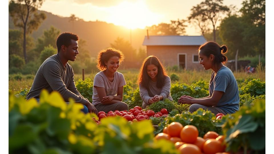 Cena vibrante de uma comunidade rural próspera, com agricultores engajados e famílias interagindo, mostrando o impacto positivo do desenvolvimento sustentável.