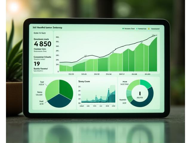 Dashboard digital exibindo gráficos e dados de saúde do solo, como níveis de matéria orgânica, pH, e atividade microbiana, com destaque para a progressão do sequestro de carbono.