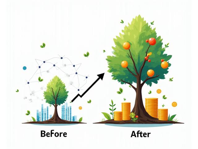 Infográfico visualizando o impacto financeiro e social de projetos após avaliação de impacto da Plorik Próspero, mostrando crescimento de um pequeno para um grande financiamento.