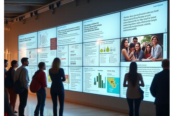 Um painel visualmente atraente com infográficos claros, uma linha do tempo de impacto e imagens de pessoas beneficiadas sorrindo, exemplificando a comunicação eficaz de resultados.