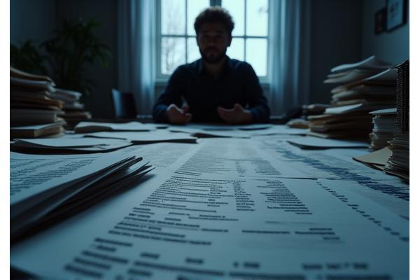 Montanha de documentos técnicos e gráficos complexos, com uma pessoa olhando confusa para eles, representando relatórios difíceis de interpretar.