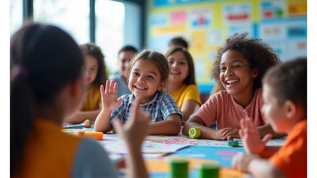 Estudantes e professores em uma sala de aula moderna e bem equipada, simbolizando o sucesso da ONG Educação Para Todos.