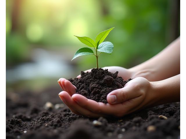 Mãos plantando uma muda com terra simbolizando sustentabilidade ambiental