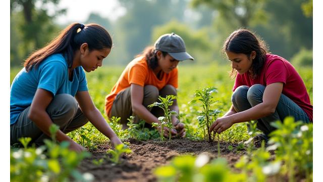 Voluntários plantando árvores em uma área de reflorestamento