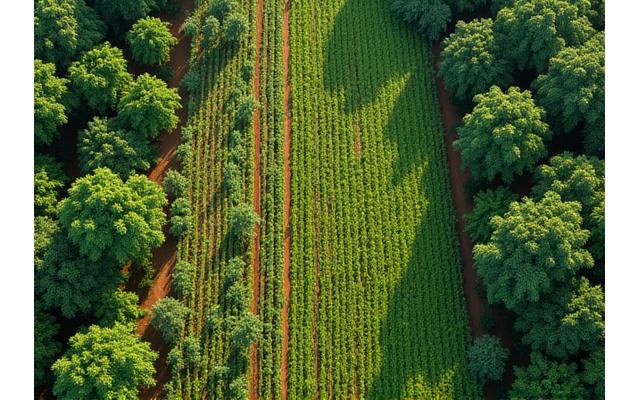Visão aérea de um sistema agroflorestal denso e produtivo no interior de São Paulo.