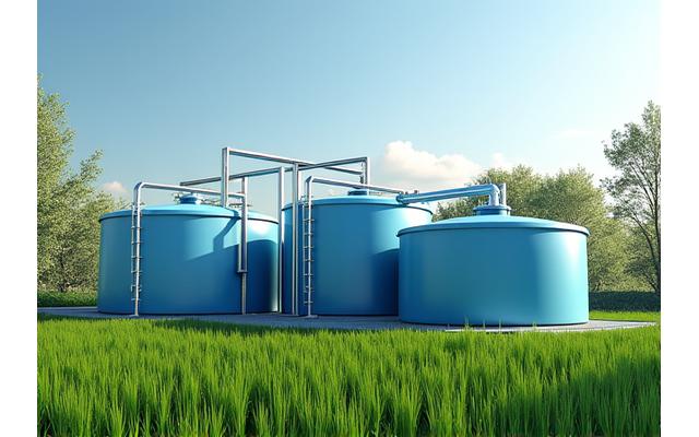 Instalações de biodigestores em uma cooperativa agrícola, com tubulações e tanques.
