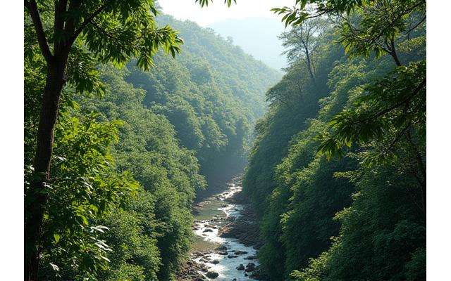 Exuberante floresta de Mata Atlântica recém-restaurada, com densa vegetação e riacho cristalino.