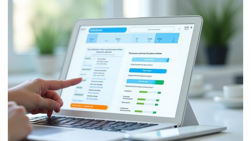 Formulário de diagnóstico interativo em um tablet, com ícones de progresso e análise de dados.