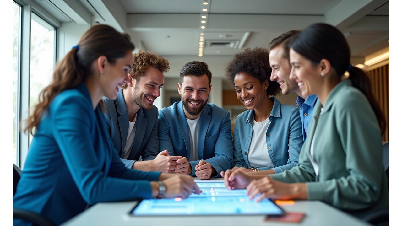 Equipe diversificada e inclusiva colaborando em um ambiente corporativo moderno, simbolizando a força da diversidade.
