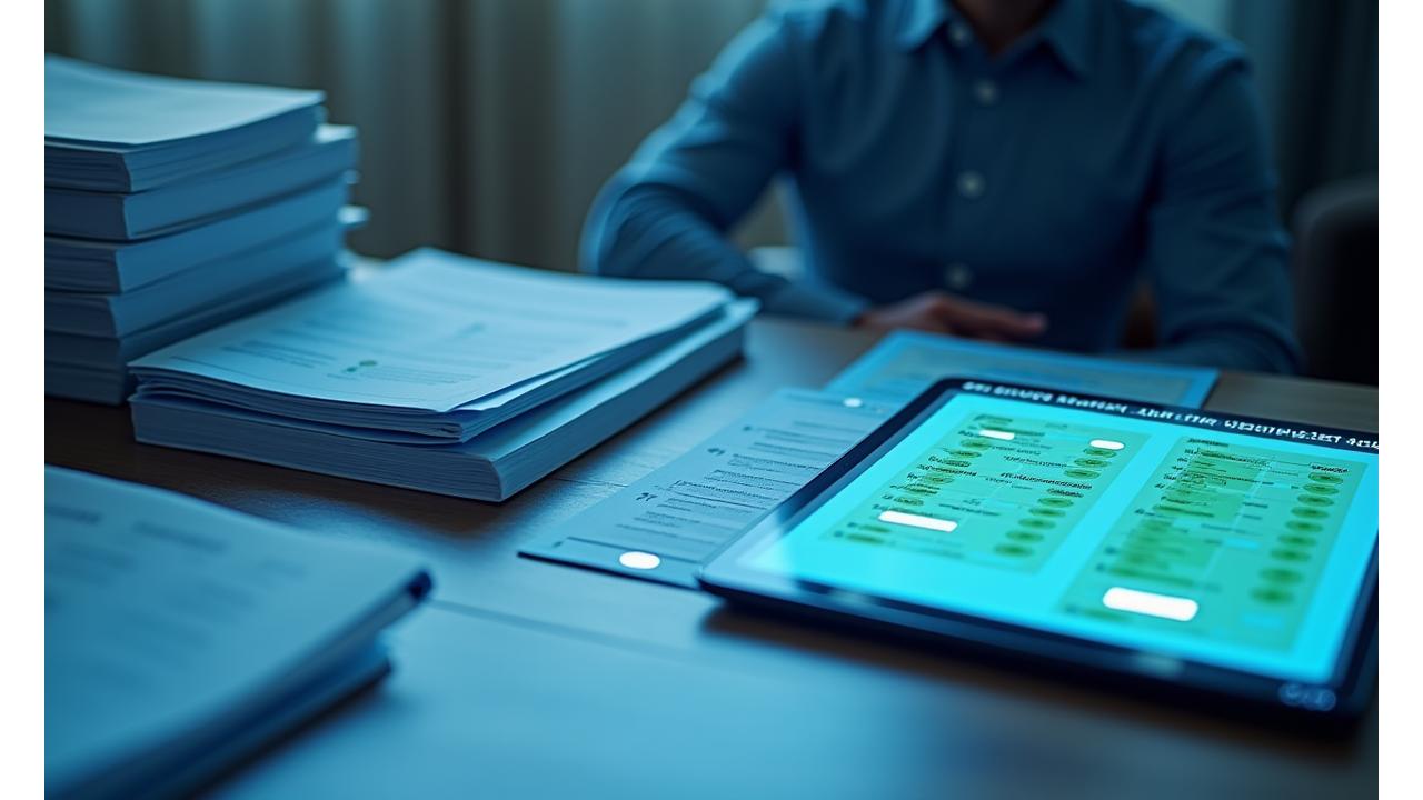 Documentos legais organizados sobre uma mesa com um tablet exibindo um gráfico de compliance, sobrepostos por um filtro azul escuro corporativo da Plorik Próspero.