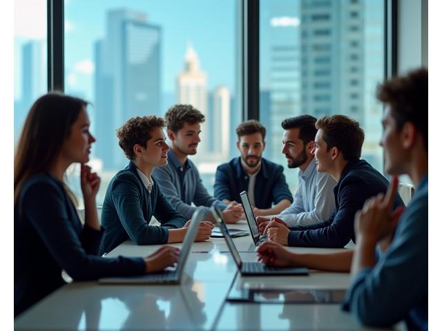 Jovens profissionais em um ambiente de escritório moderno, interagindo com entusiasmo. Logotipos de empresas parceiras renomadas flutuam ao redor, simbolizando oportunidades de emprego.