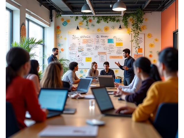 Grupo de jovens empreendedores em um espaço de coworking vibrante, colaborando em laptops e quadros brancos, com ideias representadas por ícones de lâmpadas e gráficos de crescimento.