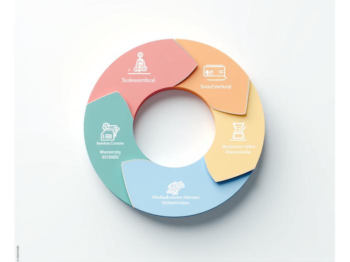 Representação visual de uma metodologia educacional cíclica com módulos interconectados, simbolizando o desenvolvimento contínuo de jovens para inclusão produtiva.