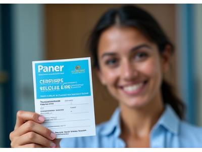 Retrato de Ana, jovem brasileira de 18 anos, segurando sua carteira de trabalho com um sorriso orgulhoso, em frente a um local de trabalho.