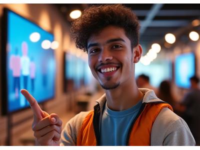Retrato de João, jovem brasileiro de 22 anos, sorrindo e apresentando um tablet com o logo de um aplicativo, em um ambiente de incubadora de startups.