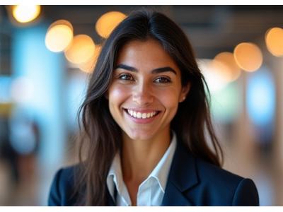 Retrato sorridente de Maria, jovem brasileira com cerca de 19 anos, em um ambiente de escritório moderno, olhando para a câmera com confiança.