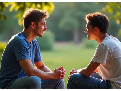 Retrato de Pedro, jovem brasileiro de 20 anos, sentado em um banco de parque, conversando e gesticulando com outro jovem, em um papel de mentor.