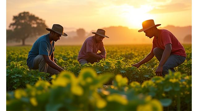 Agricultores colhendo em uma cooperativa agrícola sustentável, com paisagem rural ao fundo.