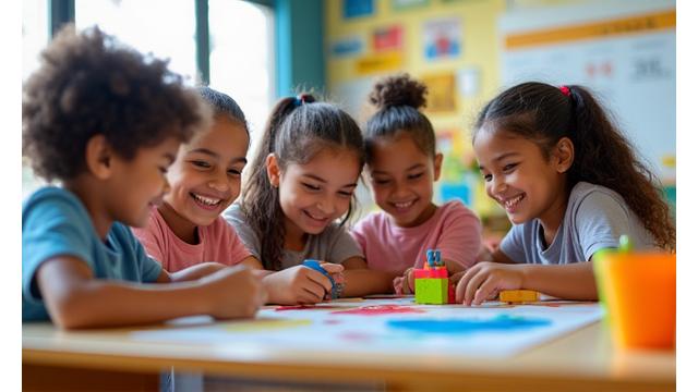Crianças felizes estudando em uma sala de aula moderna provida por ONG, resultado de captação de recursos.