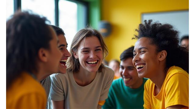 Jovens em um centro comunitário, sorrindo e participando de uma atividade em grupo.