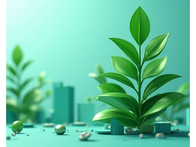 Elementos gráficos representando créditos de carbono: folhas verdes, moedas e gráficos crescentes sobre um fundo abstrato.