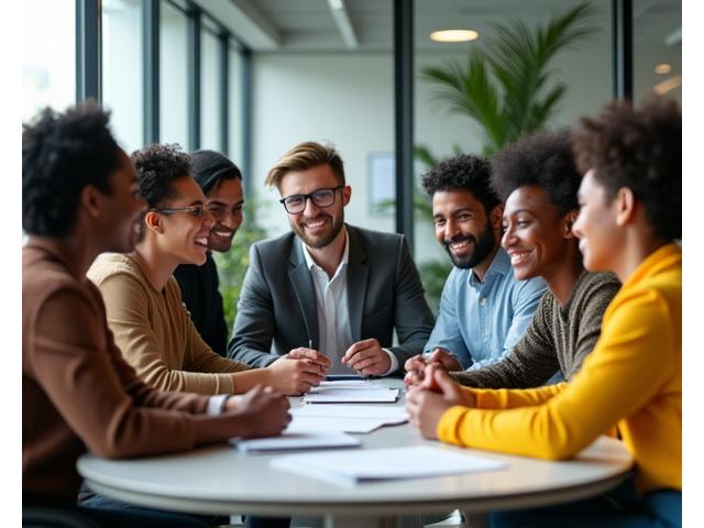 Grupo diversificado de profissionais de diferentes etnias e gêneros interagindo em um ambiente de trabalho colaborativo.