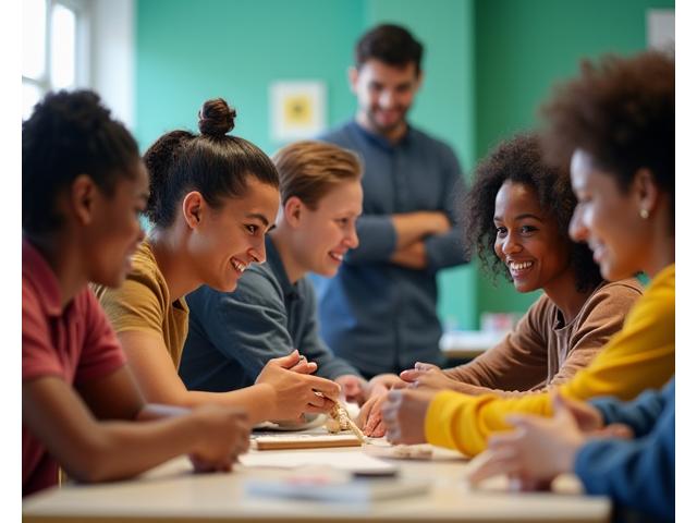 Grupo de jovens adultos em uma sala de aula de capacitação profissional, interagindo com um mentor.
