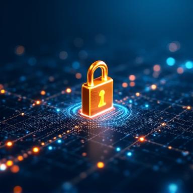 Um cadeado digital flutuando sobre uma rede de conexões brilhantes, simbolizando segurança de dados e monitoramento contínuo.