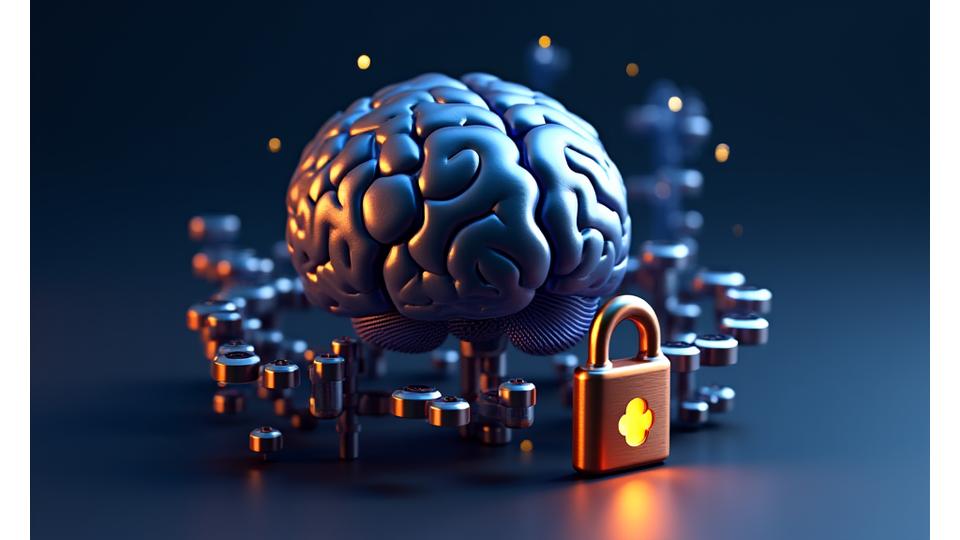 Ilustração abstrata de ícones representando propriedade intelectual, como um cadeado, engrenagens e um cérebro, com cores de segurança e inteligência.